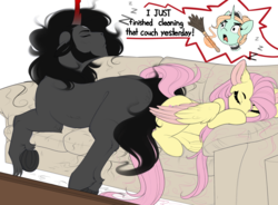 Size: 2724x2009 | Tagged: safe, artist:evehly, fluttershy, king sombra, oc, pegasus, pony, unicorn, angry, beard, behaving like a dog, belly fluff, chin fluff, clothes, colored wings, colored wingtips, couch, cute, duster, ear fluff, facial hair, female, floppy ears, fluffy, french, french maid, frown, glare, hoof fluff, horses doing horse things, leg fluff, levitation, magic, maid, maid headdress, male, mare, missing accessory, onomatopoeia, prone, shedding, shipping, shyabetes, simple background, sleeping, sombradorable, sombrashy, sound effects, stallion, straight, telekinesis, underhoof, unshorn fetlocks, white background, wing fluff, zzz