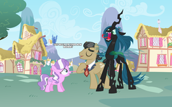 Size: 1280x800 | Tagged: safe, diamond tiara, filthy rich, queen chrysalis, changeling, changeling queen, earth pony, pony, g4, chrysarich, crown, eyebrows, female, filly, foal, hissing, jewelry, male, necktie, open mouth, ponyville, regalia, scared, shipping, smiling, stallion, straight, text, trio