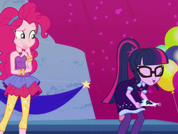 Size: 1332x999 | Tagged: safe, screencap, pinkie pie, sci-twi, twilight sparkle, equestria girls, g4, my little pony equestria girls: better together, twilight under the stars, atomic chocolate cake, bare shoulders, cake, cropped, duo, eyes on the prize, female, food, glasses, out of context, sleeveless, strapless