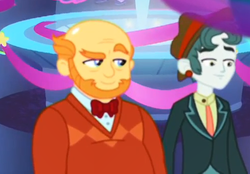 Size: 495x345 | Tagged: safe, screencap, scott green, thick coat, equestria girls, equestria girls series, g4, twilight under the stars, spoiler:eqg series (season 2), background human, bald, beard, bowtie, clothes, cropped, facial hair, hat, male, male pattern baldness, suit