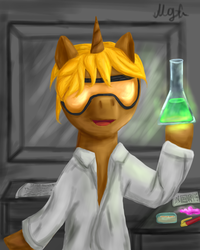 Size: 800x1000 | Tagged: safe, artist:mind-gift, oc, oc only, pony, clothes, flask, lab coat, laboratory, pen, solo