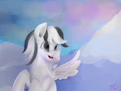 Size: 2560x1920 | Tagged: safe, artist:pnikiv, oc, oc only, pegasus, pony, flying, open mouth, sky, smiling, solo, spread wings, wings