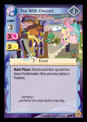 Size: 344x480 | Tagged: safe, enterplay, discord, fluttershy, discordant harmony, friends forever (set), g4, my little pony collectible card game, ccg, clothes, dress, food, merchandise, table, tea