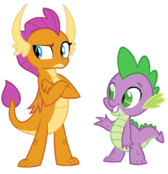 Size: 1985x2048 | Tagged: safe, smolder, spike, dragon, g4, crossed arms, dragoness, female, male, ship:spolder, shipping, simple background, smiling, straight, transparent background, vector