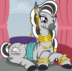 Size: 1735x1710 | Tagged: safe, artist:badumsquish, derpibooru exclusive, oc, oc only, oc:matriarch zeg'us, pony, zebra, bangles, bed, bracelet, crossed hooves, ear piercing, earring, eyelashes, eyeshadow, female, jewelry, lidded eyes, looking at you, makeup, mare, necklace, piercing, pillow, potion, prone, sexy, show accurate, smiling, solo, zebra oc