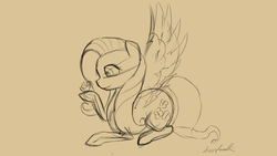 Size: 1920x1080 | Tagged: safe, artist:fuzzyhead12, fluttershy, bird, pegasus, pony, g4, female, hoof hold, looking at something, mare, monochrome, profile, prone, sketch, smiling, solo, spread wings, wings