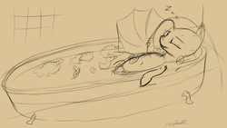 Size: 1920x1080 | Tagged: safe, artist:fuzzyhead12, oc, bat pony, pony, bat pony oc, bath, bathtub, rubber duck, sketch, sleeping