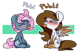 Size: 1562x1038 | Tagged: safe, artist:lou, oc, oc:dusty star major, oc:juicy dream, pegasus, pony, blushing, cute, female, raspberry noise, shipping, tongue out