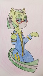 Size: 1092x1941 | Tagged: safe, artist:dice-warwick, oc, oc only, oc:temboril tablature, original species, pony, fallout equestria, fallout equestria: dance of the orthrus, clothes, dog tags, ear piercing, fanfic art, glasses, horn, jumpsuit, mirage pony, piercing, small horn, small wings, solo, stripes, traditional art