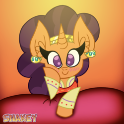 Size: 768x768 | Tagged: safe, artist:snakeythingy, saffron masala, pony, unicorn, g4, blushing, chef, cute, ear piercing, earring, female, jewelry, looking at you, mare, piercing, saffronbetes, smiling, solo, staring contest