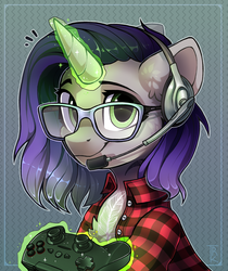 Size: 2145x2551 | Tagged: safe, artist:trickate, oc, oc only, oc:moonsonat, pony, unicorn, chest fluff, clothes, commission, controller, female, gamer, glasses, headset, high res, levitation, looking at you, magic, mare, smiling, solo, telekinesis