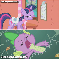 Size: 1000x1000 | Tagged: safe, edit, edited screencap, screencap, spike, twilight sparkle, dragon, pony, unicorn, g4, winter wrap up, caption, clothes, female, golden oaks library, image macro, lidded eyes, male, mare, saddle, scarf, song reference, tack, text