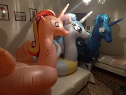 Size: 4032x3024 | Tagged: safe, artist:arniemkii, princess cadance, princess celestia, princess luna, alicorn, inflatable pony, pony, g4, bootleg, horseplaytoys, inflatable, inflatable alicorn, inflatable float, inflatable toy, pool toy