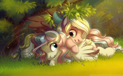 Size: 4000x2500 | Tagged: safe, artist:brajitai, oc, oc only, oc:bay breeze, oc:demure breeze, pegasus, pony, bow, cute, female, hair bow, looking at each other, ocbetes, pony pile, siblings, sisters, snuggling, spread wings, tail bow, wings