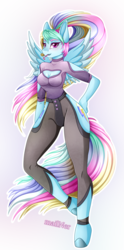 Size: 2010x4037 | Tagged: safe, artist:mailner, rainbow dash, anthro, unguligrade anthro, g4, blushing, breasts, candy, colored hooves, colored wings, cutie mark, female, food, hooves, looking at you, redesign, simple background, solo, transparent background, wings