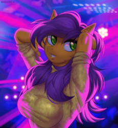 Size: 1110x1200 | Tagged: safe, artist:margony, oc, oc only, anthro, clothes, dancer, female, green eyes, nightclub, rave, smiling, solo