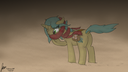 Size: 1920x1080 | Tagged: safe, artist:thedrizzle404, derpibooru exclusive, oc, oc only, pony, unicorn, clothes, commission, fallout equestria: crossroads, female, sandstorm, scarf, solo, windswept mane