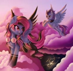 Size: 1500x1455 | Tagged: safe, artist:lightly-san, oc, oc only, oc:alpha jet, oc:lost, pegasus, pony, cloud, commission, female, flying, goggles, headphones, looking back, male, open mouth, sky