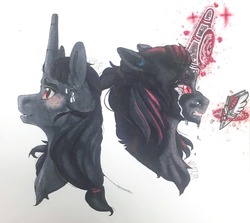 Size: 1280x1144 | Tagged: safe, artist:nightmare-moons-throneroom, pony, unicorn, alicorn amulet, alternate hairstyle, blushing, corrupted, crying, cute, dark magic, description is relevant, duality, ear fluff, ear piercing, earring, fangs, flowing mane, handsome, implied lumbra, jewelry, levitation, magic, magic circle, missing accessory, nervous, piercing, red eyes, signature, slit pupils, solo, sweat, sweatdrop, telekinesis, traditional art, transformation, younger