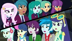 Size: 1263x720 | Tagged: safe, screencap, blueberry cake, bon bon, carlos thunderbolt, cold forecast, fleur-de-lis, garden grove, ginger owlseye, indigo wreath, lyra heartstrings, sweetie drops, thunderbass, human, acadeca, equestria girls, g4, my little pony equestria girls: friendship games, background human, clothes, crystal prep academy, crystal prep academy uniform, female, male, school uniform, split screen