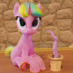 Size: 1920x1920 | Tagged: safe, artist:gabe2252, oc, oc:constant time, pony, unicorn, 3d, blender, blender cycles, eyelashes, horseshoes, multicolored hair, pot, sitting, tentacles