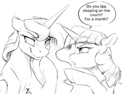 Size: 990x765 | Tagged: safe, artist:silfoe, princess luna, twilight sparkle, alicorn, pony, royal sketchbook, g4, description is relevant, dialogue, duo, female, grayscale, lesbian, mare, monochrome, raised hoof, reversalmushroom, ship:twiluna, shipping, simple background, speech bubble, this will end in a night on the couch, twilight sparkle (alicorn), twilight sparkle is not amused, unamused, white background
