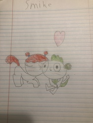Size: 4032x3024 | Tagged: safe, artist:undeadponysoldier, spike, oc, oc:molly, g4, blushing, canon x oc, cheek kiss, heart, kissing, lined paper, love, shipping, smike, smooch, traditional art