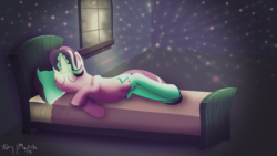 Size: 3779x2128 | Tagged: safe, artist:thedarksatanicorn, starlight glimmer, pony, unicorn, g4, bed, bedroom, belly button, clothes, cute, female, glimmerbetes, high res, lying on bed, magic, sleeping, smiling, socks, solo, stars, window