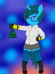 Size: 1200x1600 | Tagged: safe, artist:splint, oc, oc:blue horizon, anthro, boots, chemicals, clothes, cute, glasses, gloves, hair bun, lab coat, miniskirt, moe, safety gloves, science, shoes, skirt, socks, stockings, thigh highs