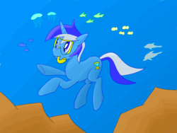 Size: 1600x1200 | Tagged: safe, artist:notadeliciouspotato, minuette, dolphin, fish, jellyfish, pony, unicorn, g4, cute, female, floppy ears, goggles, mare, minubetes, smiling, snorkel, snorkeling, solo, swimming, underhoof, underwater