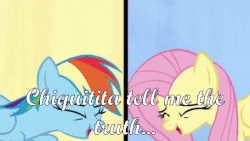 Size: 544x306 | Tagged: safe, edit, edited screencap, screencap, fluttershy, rainbow dash, pony, flutter brutter, g4, season 6, abba, animated, chiquitita, duo, eyes closed, female, gif, hoof on chest, lyrics, singing, song reference, text