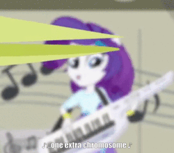 Size: 542x478 | Tagged: safe, edit, edited screencap, screencap, rarity, equestria girls, g4, animated, belt, blouse, bobing head, bracelet, caption, clothes, development, down syndrome, female, gif, hair, hairpin, image macro, jewelry, keytar, makeup, moving lips, musical instrument, neurodivergent, playing instrument, positive body image, skirt, smiling, solo, teenager, text
