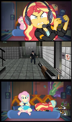 Size: 576x972 | Tagged: safe, edit, edited screencap, screencap, fluttershy, sunset shimmer, equestria girls, equestria girls series, g4, game stream, spoiler:eqg series (season 2), controller, converse, gamer sunset, goldeneye 64, gun, headset, oddjob, shoes, sneakers, sunset shimmer frustrated at game, weapon
