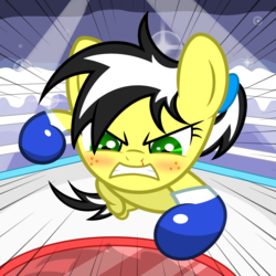Size: 2500x2500 | Tagged: safe, artist:pizzamovies, oc, oc only, oc:uppercute, earth pony, pony, angry, blood, boxing, boxing gloves, boxing ring, female, freckles, high res, lens flare, looking down, mare, nosebleed, ponytail, solo, speed lines, sports