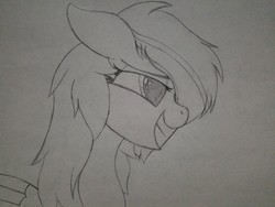 Size: 2016x1512 | Tagged: safe, artist:straighttothepointstudio, oc, oc only, oc:fracturedheart, pegasus, pony, bedroom eyes, black and white, cute, drawing, female, grayscale, long mane, mare, messy mane, monochrome, smiling, solo, traditional art