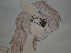 Size: 2016x1512 | Tagged: safe, artist:straighttothepointstudio, edit, oc, oc only, oc:fracturedheart, pegasus, pony, bedroom eyes, brown eyes, brown mane, colored, cute, drawing, female, long mane, mare, messy mane, smiling, solo, traditional art