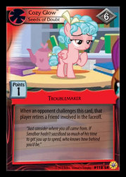 Size: 344x480 | Tagged: safe, enterplay, cozy glow, pony, friends forever (set), g4, my little pony collectible card game, what lies beneath, book, ccg, female, merchandise, solo, table
