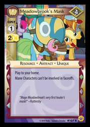 Size: 344x480 | Tagged: safe, enterplay, applejack, flash magnus, fluttershy, meadowbrook, mistmane, earth pony, pegasus, pony, unicorn, friends forever (set), g4, my little pony collectible card game, shadow play, ccg, female, healer's mask, male, mare, mask, merchandise, stallion