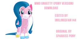 Size: 1244x641 | Tagged: safe, artist:inklingsfan144, pony, .zip file at source, 3d, lego, mmd, pink text, ponified, solo, text, the lego movie, unikitty