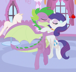 Size: 1013x965 | Tagged: safe, artist:superrosey16, rarity, spike, dragon, pony, g4, alternate hairstyle, base used, blushing, carousel boutique, duo, eyes closed, female, fire ruby, gem, heart, holding a pony, hug, kiss on the lips, kissing, male, mannequin, obtrusive watermark, older, ruby, ship:sparity, shipping, straight, watermark, winged spike, wings