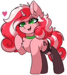 Size: 1810x2034 | Tagged: safe, artist:drawtheuniverse, oc, oc only, oc:peppy revvy, pony, unicorn, chest fluff, choker, clothes, ear fluff, female, heart, mare, outline, raised hoof, simple background, smiling, socks, solo, transparent background