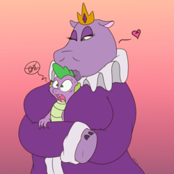 Size: 4000x4000 | Tagged: safe, artist:tbosiris, queen of the hippos, spike, dragon, hippopotamus, anthro, g4, absurd resolution, boob smothering, breasts, crown, female, jewelry, kissing, male, regalia, ruff (clothing), smothering