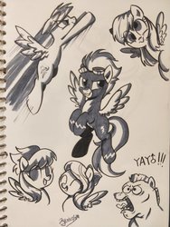 Size: 1536x2048 | Tagged: safe, artist:oofycolorful, bulk biceps, cloudchaser, derpy hooves, flitter, rainbow dash, spitfire, pegasus, pony, g4, clothes, female, flying, male, mare, monochrome, simple background, smiling, stallion, traditional art, uniform, wonderbolts uniform
