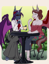 Size: 2550x3300 | Tagged: safe, artist:blackblood-queen, oc, oc only, oc:indigo rose, oc:scarlet quill, bat pony, anthro, unguligrade anthro, anthro oc, bat pony oc, chair, clothes, coffee, commission, conversation, crossed legs, cup, eyes closed, fangs, female, friends, high res, long skirt, mare, off shoulder, signature, skirt, smiling, sunglasses, table, talking