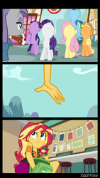 Size: 640x1134 | Tagged: safe, edit, edited screencap, editor:teren rogriss, screencap, applejack, fluttershy, maud pie, rainbow dash, rarity, sunset shimmer, twilight sparkle, alicorn, earth pony, pegasus, pony, unicorn, equestria girls, equestria girls specials, g4, my little pony equestria girls: better together, my little pony equestria girls: forgotten friendship, yakity-sax, backpack, comic, cowboy hat, cursed, female, geode of empathy, hand, hat, horn, looking up, magical geodes, mare, nose in the air, ponyville, screencap comic, sugarcube corner, twilight sparkle (alicorn), wings