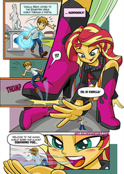 Size: 610x851 | Tagged: safe, artist:art-2u, sunset shimmer, oc, oc:vanilla beam, equestria girls, g4, blushing, boots, breath, clothes, comic, commission, equestria girls-ified, female, giantess, jacket, leather jacket, loud, macro/micro, shoes, skirt, small, vanilla beam