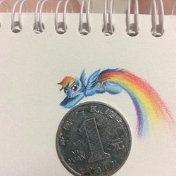 Size: 1080x1080 | Tagged: safe, artist:oofycolorful, rainbow dash, pegasus, pony, g4, coin, female, flying, mare, miniature, simple background, size comparison, solo, traditional art, yuan