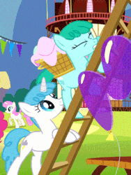 Size: 300x399 | Tagged: safe, edit, edited screencap, screencap, lightning bolt, spring melody, sprinkle medley, twinkleshine, white lightning, earth pony, pony, unicorn, g4, pinkie pride, :o, ambiguous penetration, animated, animation error, background pony, balloon, climbing, cutie mark, eyes closed, female, gif, gritted teeth, headbutt, horn, implied horn penetration, implied penetration, ladder, mare, misleading thumbnail, not what it looks like, open mouth, out of context, ponyville, ponyville town hall, pushing, race swap, rump push, smiling, struggling, surprised, wat, wingless, wtf