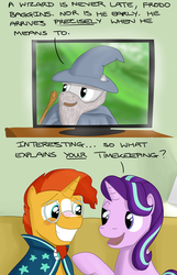 Size: 1080x1680 | Tagged: safe, artist:hoofclid, starlight glimmer, sunburst, pony, unicorn, g4, beard, clothes, comic, dialogue, facial hair, female, gandalf, glasses, lord of the rings, male, mare, robe, spoilers for another series, stallion, sunburst's cloak, sunburst's glasses, television