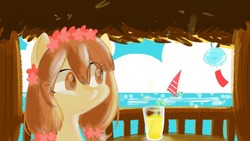 Size: 1280x720 | Tagged: safe, artist:oofycolorful, oc, oc only, pony, drink, female, floral head wreath, flower, looking away, mare, ocean, solo